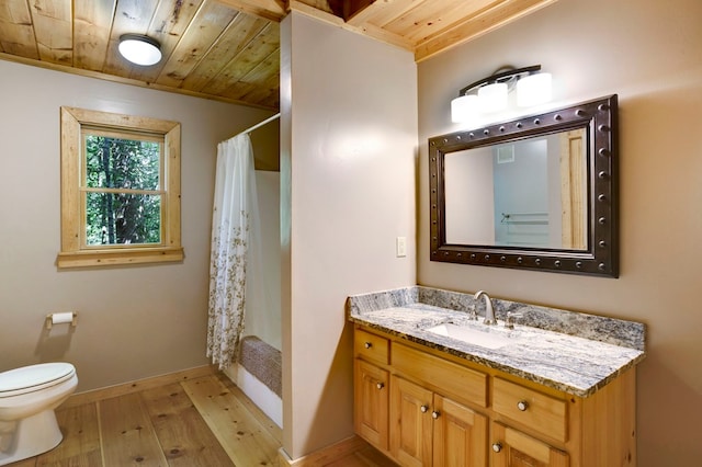 bathroom featuring wood finished floors, wooden ceiling, baseboards, vanity, and toilet