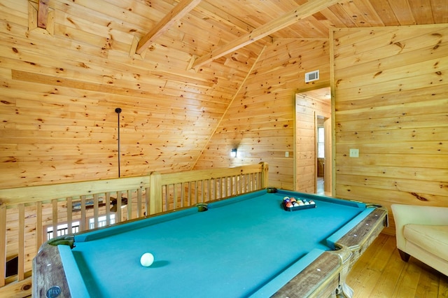 rec room with wood walls, pool table, wooden ceiling, vaulted ceiling with beams, and visible vents