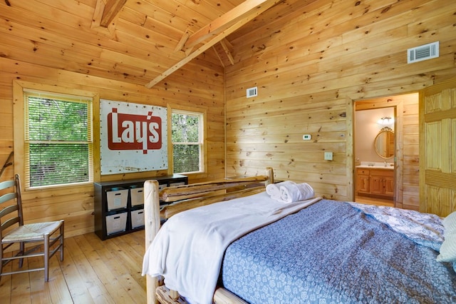 bedroom featuring visible vents, hardwood / wood-style floors, wooden walls, vaulted ceiling with beams, and wooden ceiling