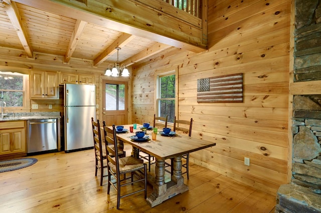 dining room featuring an inviting chandelier, wood walls, wooden ceiling, and beamed ceiling
