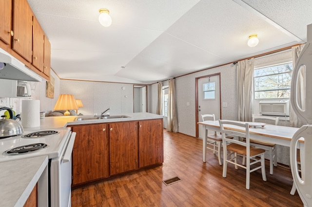 kitchen with white appliances, dark hardwood / wood-style flooring, sink, and lofted ceiling