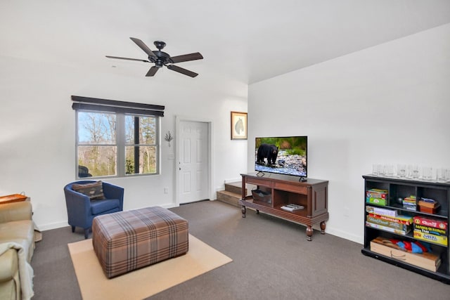 carpeted living room featuring ceiling fan