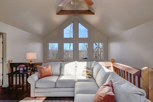 living room with beam ceiling, ceiling fan, high vaulted ceiling, and hardwood / wood-style flooring