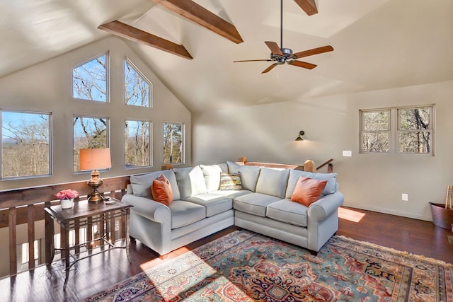 living room featuring wood-type flooring, high vaulted ceiling, ceiling fan, and beam ceiling