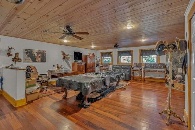 playroom featuring billiards, hardwood / wood-style floors, and wooden ceiling