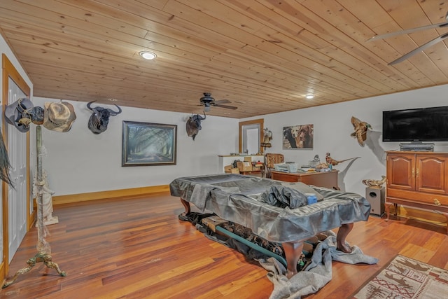 playroom with ceiling fan, billiards, wooden ceiling, and light wood-type flooring