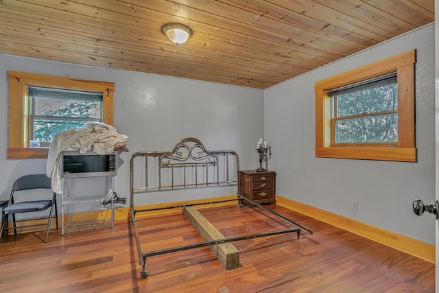 bedroom featuring wood ceiling and wood-type flooring