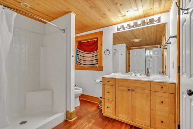 bathroom with hardwood / wood-style floors, vanity, toilet, wooden ceiling, and a shower with curtain