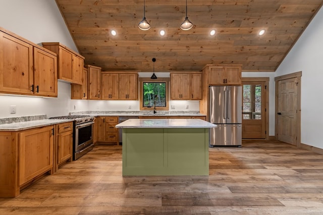 74 Cohutta Overlook Way, Blue Ridge, GA 30513 - kitchen with stainless steel appliances, wooden ceiling, light wood-type flooring, plenty of natural light, and light countertops