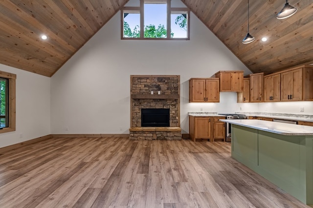 74 Cohutta Overlook Way, Blue Ridge, GA 30513 - kitchen with high vaulted ceiling, light countertops, light wood-style flooring, open floor plan, and wooden ceiling