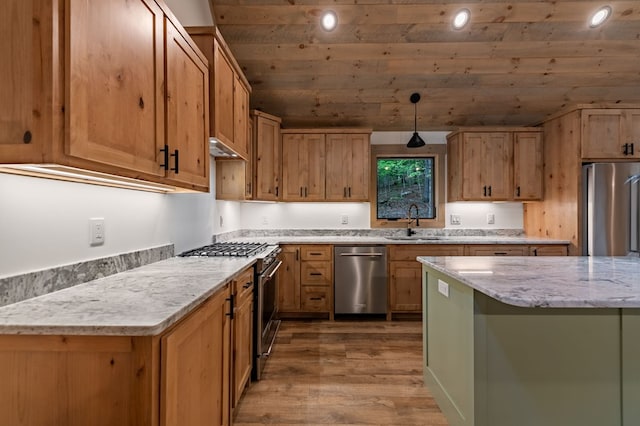 74 Cohutta Overlook Way, Blue Ridge, GA 30513 - kitchen with appliances with stainless steel finishes, a sink, wood finished floors, wood ceiling, and light stone counters