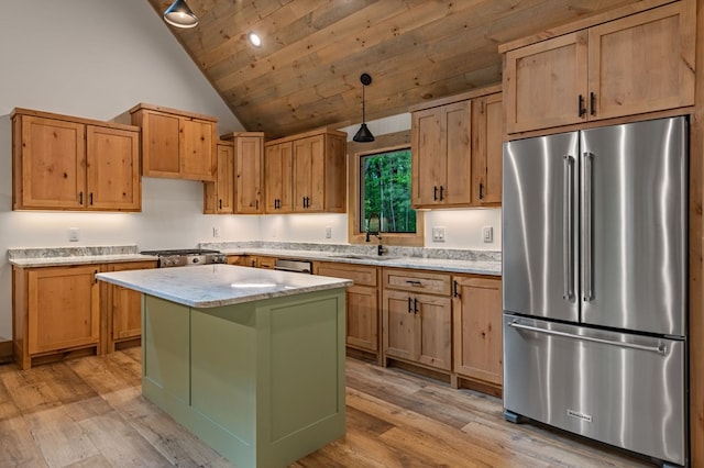 74 Cohutta Overlook Way, Blue Ridge, GA 30513 - kitchen with stainless steel appliances, a sink, light wood finished floors, high vaulted ceiling, and wooden ceiling
