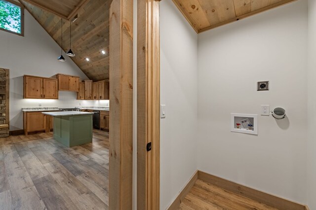 74 Cohutta Overlook Way, Blue Ridge, GA 30513 - laundry room with electric dryer hookup, washer hookup, light wood-style floors, wood ceiling, and a towering ceiling
