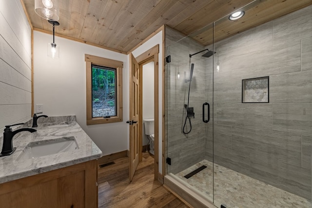 74 Cohutta Overlook Way, Blue Ridge, GA 30513 - full bath featuring wood finished floors, wooden ceiling, a shower stall, toilet, and recessed lighting