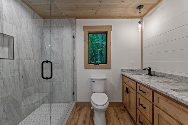 74 Cohutta Overlook Way, Blue Ridge, GA 30513 - full bath with wood finished floors, a stall shower, toilet, double vanity, and wood ceiling