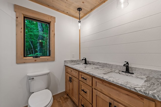 74 Cohutta Overlook Way, Blue Ridge, GA 30513 - bathroom with toilet, wood finished floors, double vanity, wooden ceiling, and baseboards