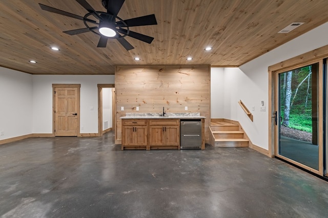 74 Cohutta Overlook Way, Blue Ridge, GA 30513 - indoor wet bar featuring finished concrete flooring, fridge, wood ceiling, baseboards, and recessed lighting