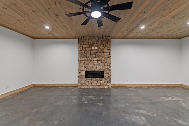 74 Cohutta Overlook Way, Blue Ridge, GA 30513 - unfurnished living room with recessed lighting, concrete flooring, baseboards, wooden ceiling, and crown molding