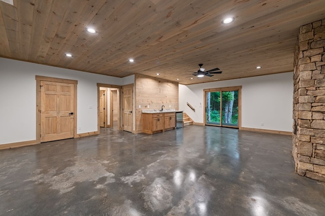 74 Cohutta Overlook Way, Blue Ridge, GA 30513 - unfurnished living room featuring finished concrete floors, recessed lighting, baseboards, a ceiling fan, and wooden ceiling