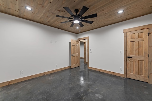 74 Cohutta Overlook Way, Blue Ridge, GA 30513 - unfurnished room with wooden ceiling, baseboards, recessed lighting, concrete floors, and ceiling fan