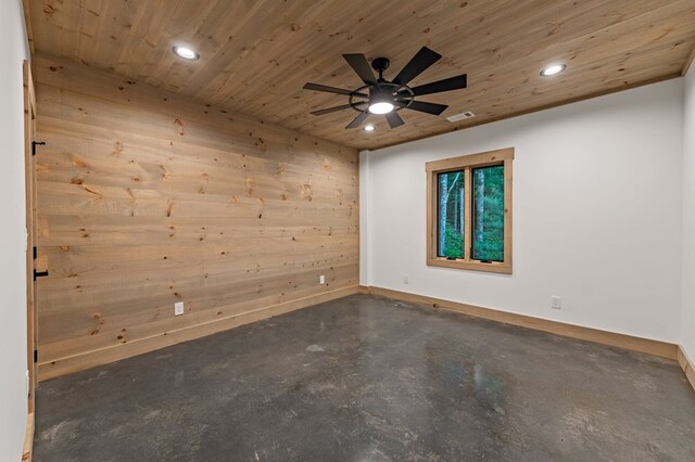 74 Cohutta Overlook Way, Blue Ridge, GA 30513 - spare room featuring recessed lighting, finished concrete flooring, a ceiling fan, wood ceiling, and baseboards