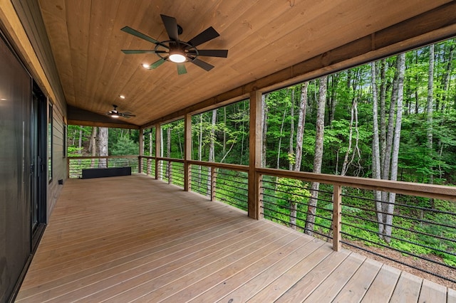 74 Cohutta Overlook Way, Blue Ridge, GA 30513 - deck featuring a ceiling fan and a forest view