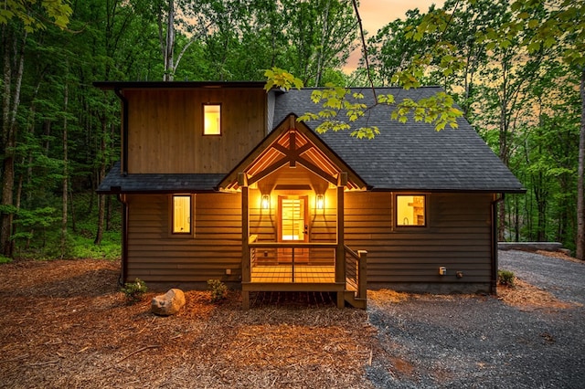 74 Cohutta Overlook Way, Blue Ridge, GA 30513 - chalet / cabin with roof with shingles and a view of trees