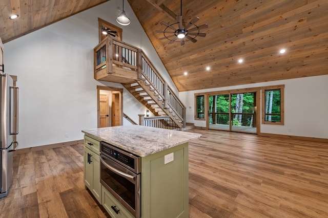 74 Cohutta Overlook Way, Blue Ridge, GA 30513 - kitchen with green cabinetry, appliances with stainless steel finishes, wooden ceiling, high vaulted ceiling, and open floor plan