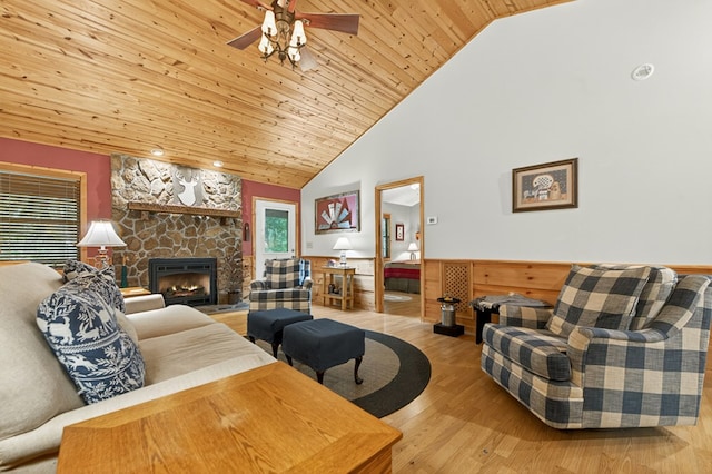 191 Deer Run Rd, Blairsville, GA 30512 - living room featuring wood ceiling, ceiling fan, wood finished floors, a wainscoted wall, and high vaulted ceiling