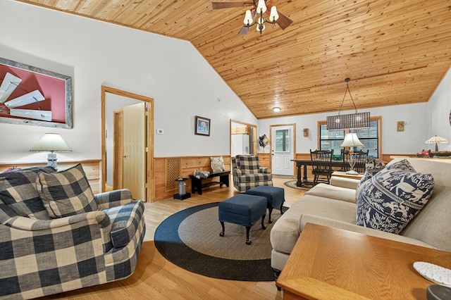 191 Deer Run Rd, Blairsville, GA 30512 - living area with wood ceiling, wainscoting, light wood-style floors, a ceiling fan, and high vaulted ceiling