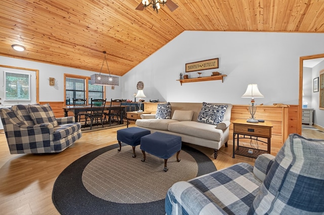 191 Deer Run Rd, Blairsville, GA 30512 - living area with wood ceiling, lofted ceiling, wood finished floors, a wainscoted wall, and a ceiling fan