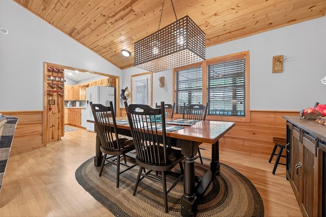 191 Deer Run Rd, Blairsville, GA 30512 - dining room with a wainscoted wall, wood walls, lofted ceiling, wooden ceiling, and light wood finished floors