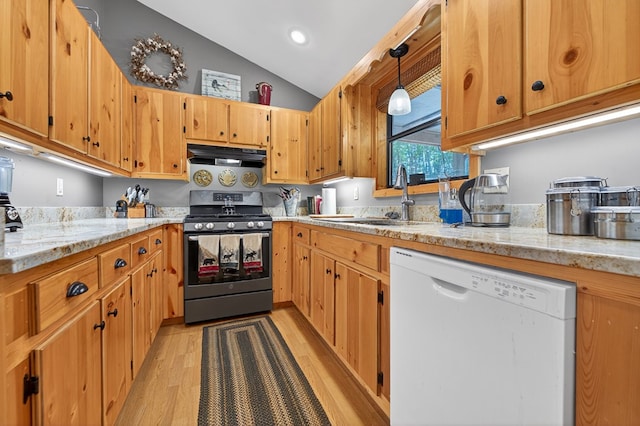 191 Deer Run Rd, Blairsville, GA 30512 - kitchen with white dishwasher, stainless steel stove, under cabinet range hood, lofted ceiling, and light wood-style flooring
