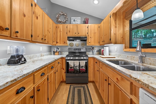 191 Deer Run Rd, Blairsville, GA 30512 - kitchen featuring stainless steel gas stove, under cabinet range hood, vaulted ceiling, light wood-style flooring, and white dishwasher