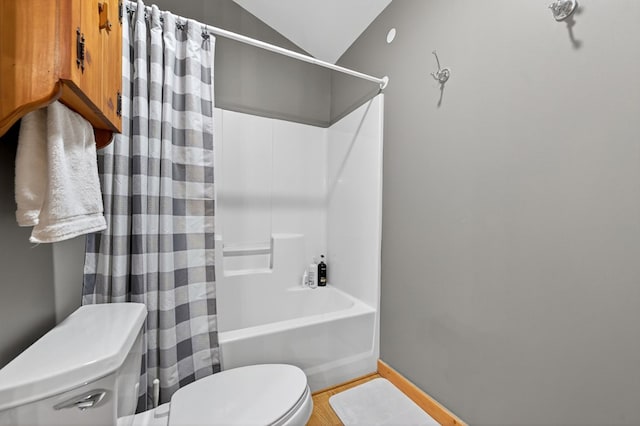 191 Deer Run Rd, Blairsville, GA 30512 - bathroom with shower / bath combo, vaulted ceiling, and wood finished floors