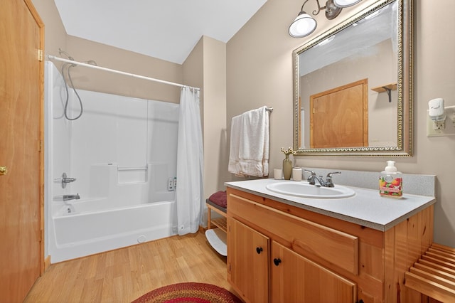 191 Deer Run Rd, Blairsville, GA 30512 - bathroom with wood finished floors, shower / tub combo with curtain, and vanity