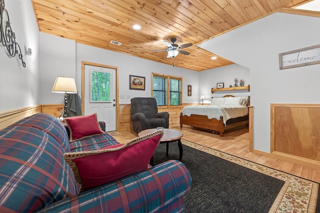 191 Deer Run Rd, Blairsville, GA 30512 - bedroom with wood finished floors, wooden ceiling, a wainscoted wall, recessed lighting, and ceiling fan