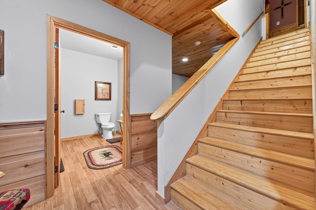 191 Deer Run Rd, Blairsville, GA 30512 - staircase featuring wood finished floors, wood ceiling, and recessed lighting