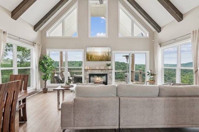 497 S Jakes Landing Way, Ellijay, GA 30540 - living area featuring beam ceiling, high vaulted ceiling, a stone fireplace, and wood finished floors