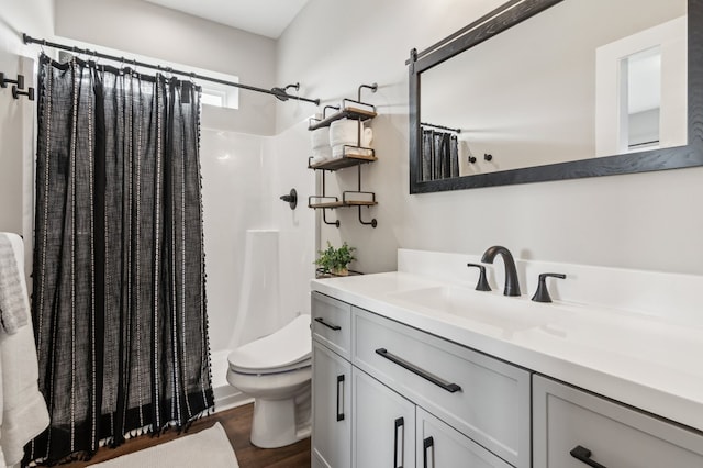 497 S Jakes Landing Way, Ellijay, GA 30540 - bathroom featuring toilet, vanity, curtained shower, and wood finished floors