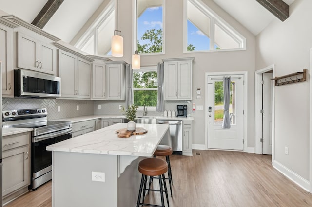 497 S Jakes Landing Way, Ellijay, GA 30540 - kitchen with stainless steel appliances, tasteful backsplash, high vaulted ceiling, beam ceiling, and light wood finished floors