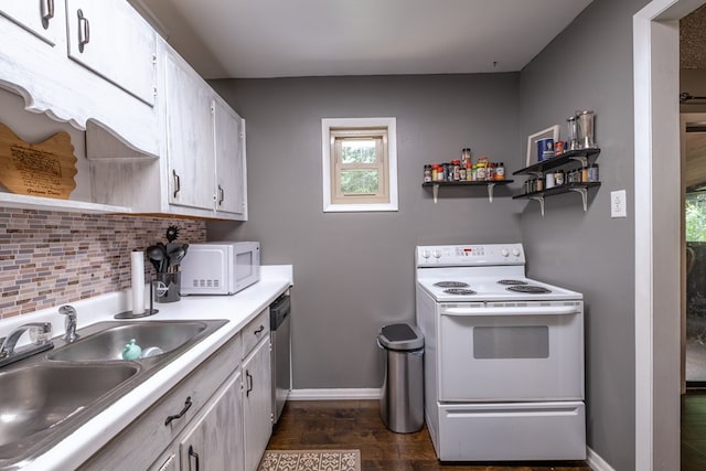 1214 Marrestop Rd, Murphy, NC 28906 - kitchen featuring white appliances, a sink, baseboards, decorative backsplash, and dark wood finished floors