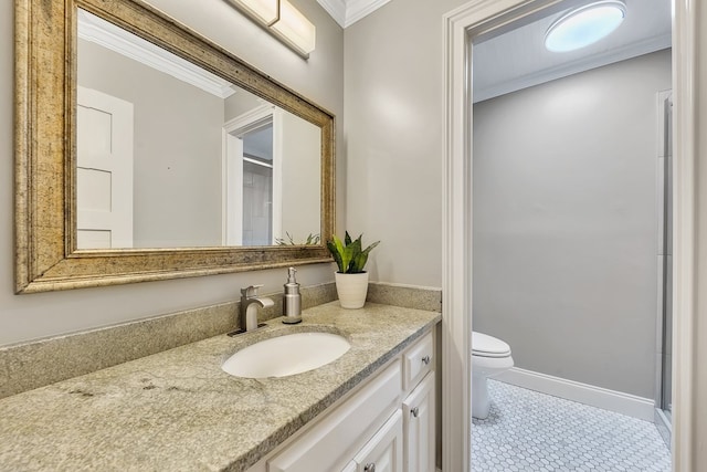 bathroom featuring tile patterned floors, toilet, vanity, and crown molding