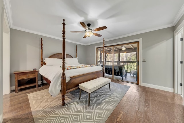 bedroom with ceiling fan, access to exterior, wood-type flooring, and crown molding