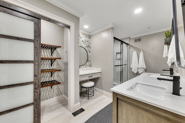 bathroom with vanity, crown molding, and walk in shower