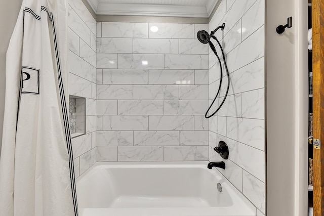 bathroom with shower / bath combo with shower curtain and ornamental molding