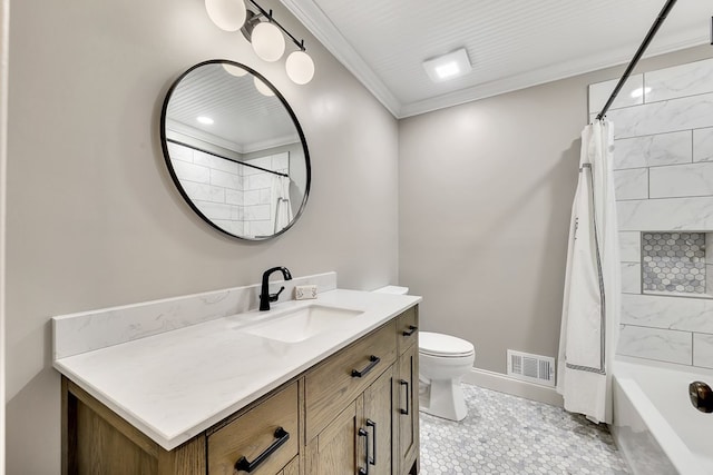 full bathroom with toilet, tile patterned flooring, shower / tub combo, ornamental molding, and vanity