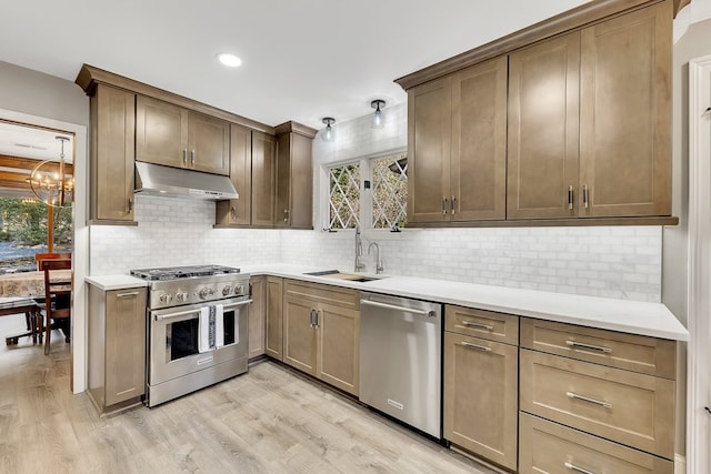 kitchen with light hardwood / wood-style floors, appliances with stainless steel finishes, tasteful backsplash, a notable chandelier, and sink