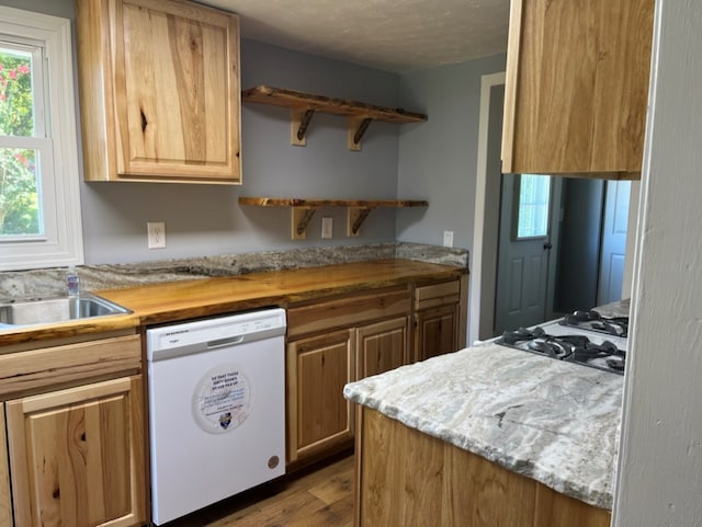 kitchen featuring stainless steel gas cooktop, white dishwasher, and light hardwood / wood-style floors