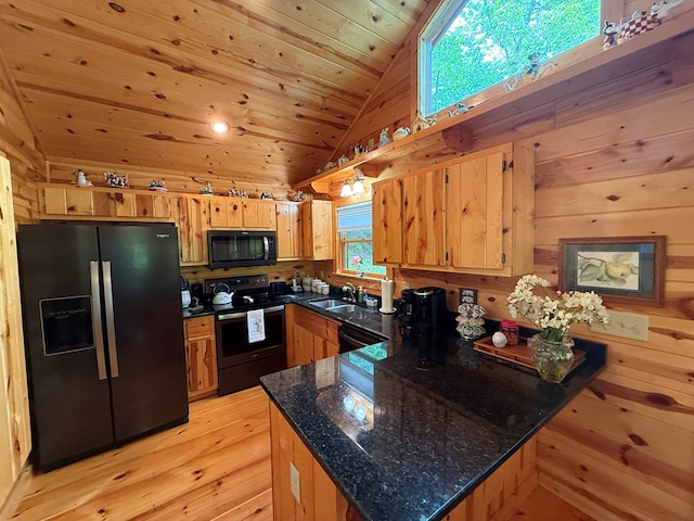 100 Bryant Farm Rd, Murphy, NC 28906 - kitchen featuring black appliances, vaulted ceiling, wood ceiling, a peninsula, and light wood-style floors